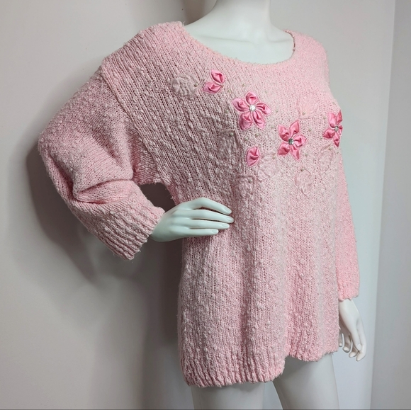 Vintage 80s 90s Light Pink Fuzzy Chunky Sweater With Satin Flowers, Beads & Gems - Picture 2 of 6